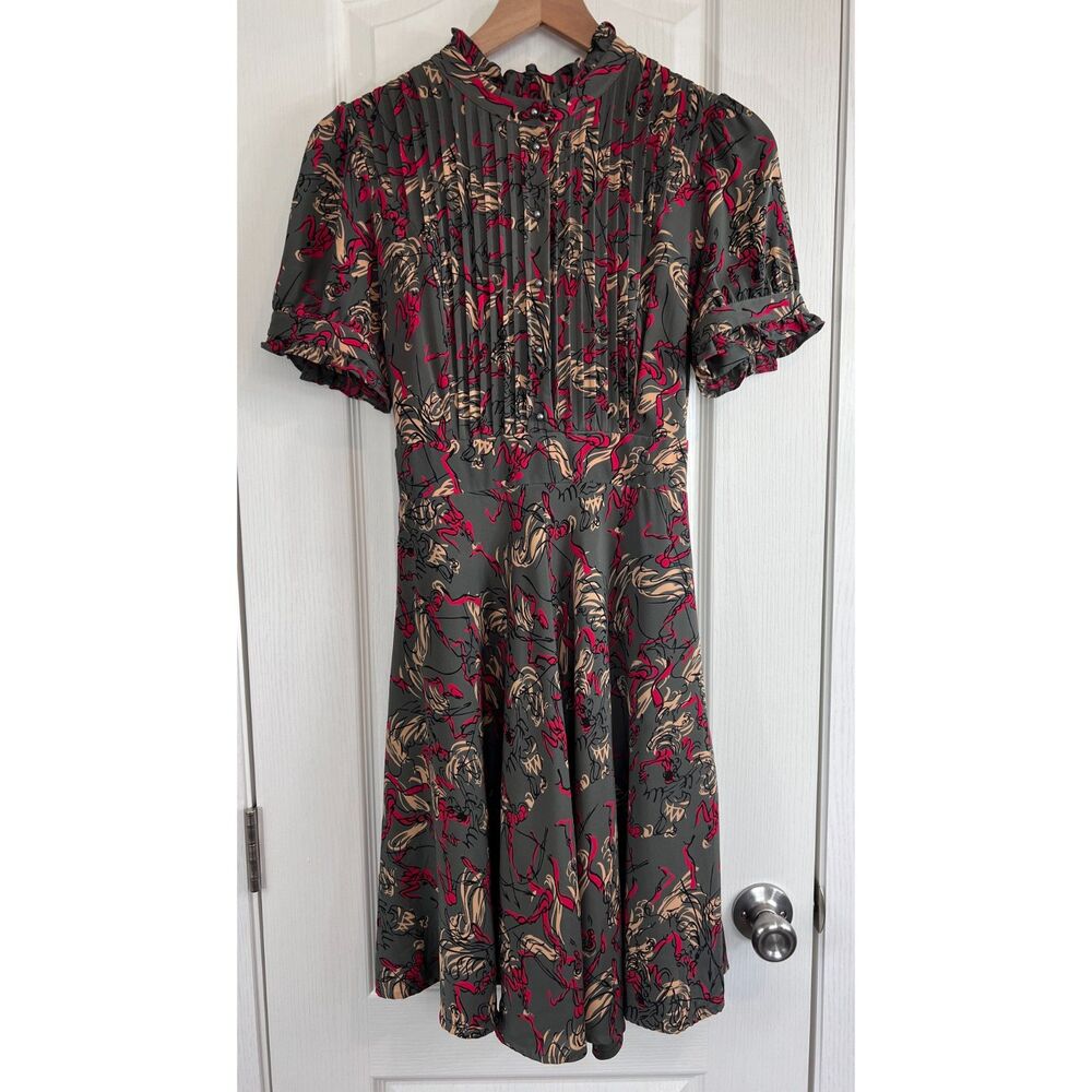 Mise en Scene by Ruffian Anthropologie Big Band Retro Dress Silk Gray Red Size 8